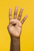 Hand zeigt vier Finger auf gelbem Hintergrund