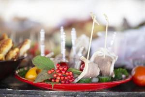 Fleisch Rollen auf ein rot Teller dekoriert mit Beeren. foto