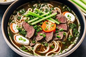 japanisch Ramen Nudel Suppe mit Rindfleisch und Grün Zwiebel im Schüssel. Rindfleisch Suppe. generativ ai foto