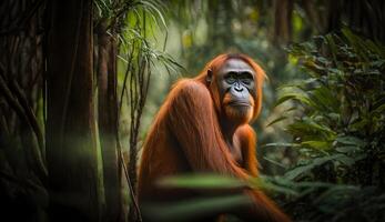 Orang-Utan im ein tropisch Regenwald Erhaltung Bereich ,Borneo endemisch Primaten ,generativ ai foto