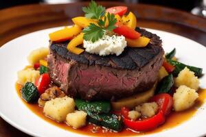 Rindfleisch Steak mit Kartoffeln und Gemüse auf ein Weiß Platte. Restaurant. generativ ai foto