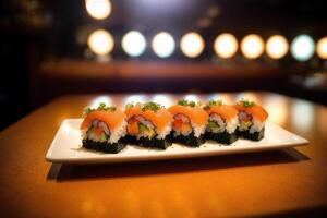 japanisch Küche. Sushi und Rollen auf das Tabelle im das Restaurant. generativ ai foto