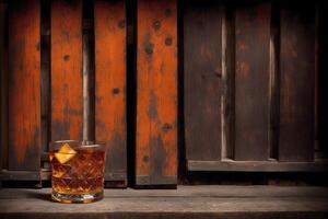 Glas von Whiskey auf das Felsen mit Eis Würfel auf ein hölzern Tisch, Nahansicht. generativ ai foto
