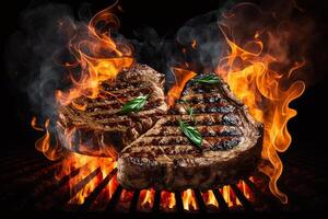 Rindfleisch Steaks auf das Grill mit Flammen ai generiert foto