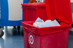 biologisch Risiko Abfall entsorgt von im das rot Müll Tasche beim ein Betriebs Zimmer im ein Krankenhaus. Zeichen zeigen das biologisch Gefahr Symbol. foto