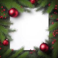 Tanne Baum Geäst mit rot Weihnachten Bälle Rahmen Lager Foto Weihnachten, generieren ai