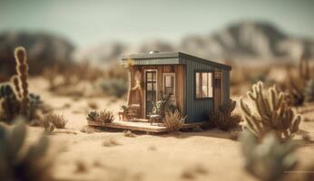fotorealistisch Fantasie Haus im das Wüste, ausgestattet mit Solar- Paneele zum nachhaltig Energie Lösungen. generativ ai foto