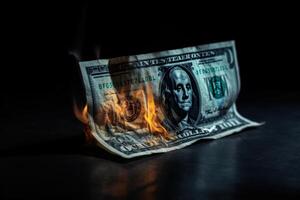 Flammen verbrauchen Dollar Rechnungen, symbolisieren finanziell Aufruhr und Verlust. generativ ai foto