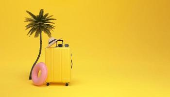 Koffer mit Sonne Brille und Hut Innerhalb von ein Palme Baum auf Gelb Hintergrund. Reise Paradies Konzept minimal. foto