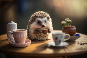 Naschkatzen Igel auf das Tabelle mit ein Tasse von Tee. Tee Zeremonie im das wild Konzept. generativ ai foto