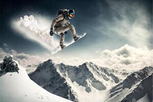 Snowboarder beim springen hoch Berge. generativ ai foto