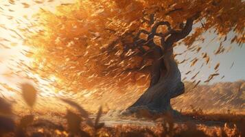 fallen Blätter von ein Baum im das Sonnenuntergang ai generiert foto