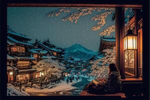 Person Sitzung auf ein Fenster Schwelle im das Schnee. generativ ai. foto