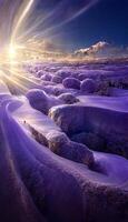 Gruppe von Schnee bedeckt Felsen Sitzung auf oben von ein Schnee bedeckt Feld. generativ ai. foto