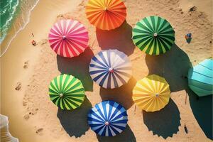 Gruppe von bunt Regenschirme Sitzung auf oben von ein sandig Strand. generativ ai. foto