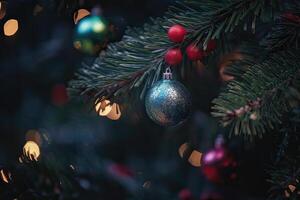 schließen oben Aussicht von schön Tanne Geäst mit glänzend bunt Flitter oder Ball, Weihnachten Ornamente und Beleuchtung, Weihnachten Ferien Hintergrund. generativ ai. foto