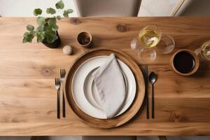 ein Abendessen Tabelle gemacht von rustikal Eiche Holz erstellt mit generativ ai Technologie. foto