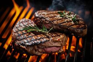 Grill Garten Grill mit Rindfleisch Steaks, Nahansicht ai generiert foto