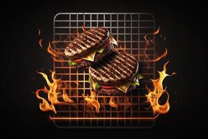 fliegend Rindfleisch Hamburger Stücke über Verbrennung Grill Netz, schwarz Hintergrund. Grill und Grill Konzept ai generiert foto