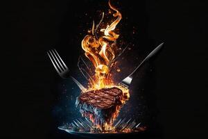 Mittel Selten Steak auf ein Eisen Gabel auf ein dunkel Hintergrund. von unter, Feuer und Funken. Fleisch und Feuer ai generiert foto