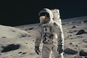 Astronaut tragen ein Raum passen und Gehen auf das Mond ist Oberfläche. ein Astronom auf das Mond ist Oberfläche mit ein dunkel Hintergrund. Raum Reise und Kosmologie Konzept mit ein Astronaut. generativ ai. foto