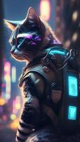 Illustration von Katze im Cyberpunk Stil mit bekleidung und Kleidung mit futuristisch Stadt Hintergrund und Neon- Licht. Wissenschaft Fiktion Fantasie Bild. ai generiert Bilder. foto