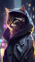 Illustration von Katze im Cyberpunk Stil mit bekleidung und Kleidung mit futuristisch Stadt Hintergrund und Neon- Licht. Wissenschaft Fiktion Fantasie Bild. ai generiert Bilder. foto