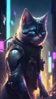 Illustration von Katze im Cyberpunk Stil mit bekleidung und Kleidung mit futuristisch Stadt Hintergrund und Neon- Licht. Wissenschaft Fiktion Fantasie Bild. ai generiert Bilder. foto