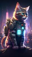 Illustration von Katze im Cyberpunk Stil mit bekleidung und Kleidung mit futuristisch Stadt Hintergrund und Neon- Licht. Wissenschaft Fiktion Fantasie Bild. ai generiert Bilder. foto