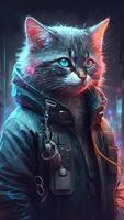 Illustration von Katze im Cyberpunk Stil mit bekleidung und Kleidung mit futuristisch Stadt Hintergrund und Neon- Licht. Wissenschaft Fiktion Fantasie Bild. ai generiert Bilder. foto