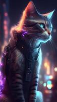 Illustration von Katze im Cyberpunk Stil mit bekleidung und Kleidung mit futuristisch Stadt Hintergrund und Neon- Licht. Wissenschaft Fiktion Fantasie Bild. ai generiert Bilder. foto