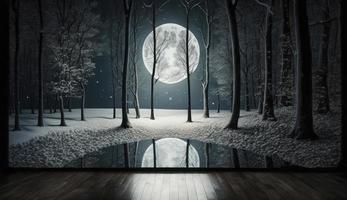 dunkel abstrakt Winter Wald Hintergrund. hölzern Boden, Schnee, Nebel. dunkel Nacht Hintergrund im das Wald mit Mondlicht. Nacht Sicht, generieren ai foto
