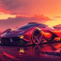 glatt und stilvoll, futuristisch Ferrari Prototyp gegen ein beschwingt Sonnenuntergang Horizont, generativ ai foto