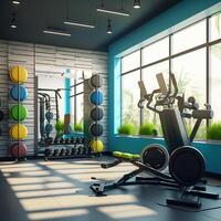 modern Fitnessstudio Innere mit Sport und Fitness Ausrüstung, Fitness Center Innere, Innere von Crossfit und trainieren Fitnessstudio, generativ ai foto