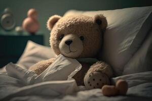 süß Teddy Lügen im Krankenhaus Bett. ai generiert foto