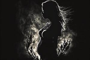 Silhouette von ein schwanger Frau auf ein dunkel Hintergrund. generativ ai foto