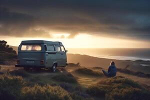 van auf das wild sandig Strand, Auto Reise. generativ ai foto