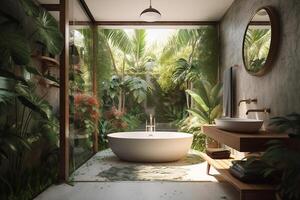 ein Badezimmer mit ein Badewanne im ein tropisch Insel Hotel umgeben durch tropisch Vegetation. generativ ai foto