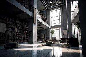 groß Bibliothek im modern Stil, Bibliothek Innere. generativ ai foto