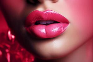 sexy rot weiblich Lippen. kosmetisch Lippe Augmentation. generativ ai foto