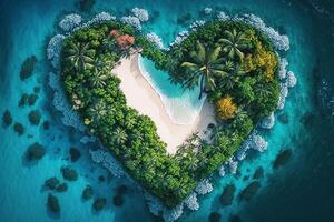 herzförmig Insel, ein tropisch Insel umgeben durch das Meer. tropisch Paradies Hintergrund. generativ ai foto