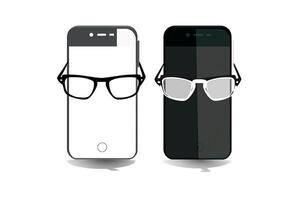 zwei Smartphones schwarz und Weiß mit Brille. Symbol. Weiß Hintergrund. generativ ai foto