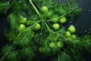 Dill, Grün Gras bedeckt mit Wasser Tröpfchen. Dill Hintergrund. generativ ai foto