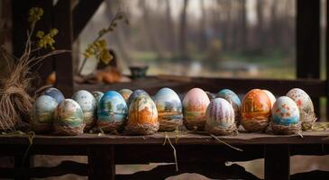 Reihe von bunt Ostern Eier auf hölzern Tabelle und Bokeh Hintergrund, Platz zum Typografie und Logo. rustikal hölzern Tisch. Ostern Thema. generativ ai. foto