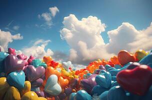 bunt Herz gestalten Ballon mit Blau Himmel. Valentinstag Tag Hintergrund mit Herz geformt Luftballons. generativ ai. foto