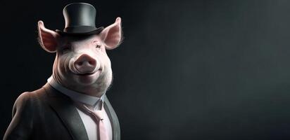 Gentleman, das Boss ist ein Fett Schwein, ein Ferkel im ein Hut, passen und binden. Banner Header. ai generiert. foto