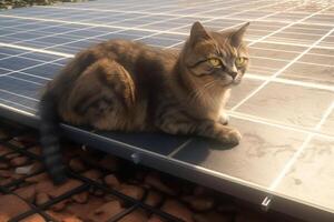 Katze Lügen auf Solar- Tafel, ein Alternative Quelle. sauber Technologien von Zukunft. ai generiert. foto