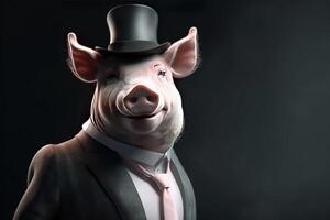 Gentleman, das Boss ist ein Fett Schwein, ein Ferkel im ein Hut, passen und binden. Banner Header. ai generiert. foto