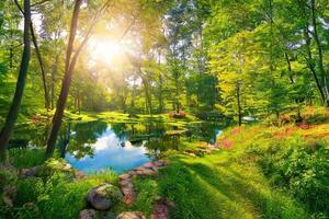 das Landschaft von Park mit ein Teich beim Morgen mit ai generiert. foto