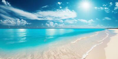 das tropisch Seelandschaft mit Meer Welle zu das Strand mit ai generiert. foto